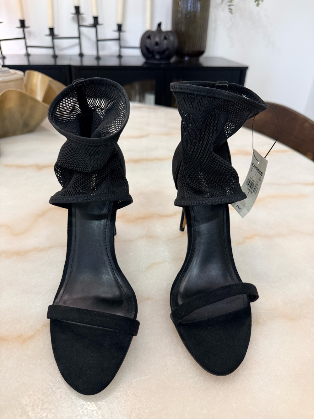 Express Black Mesh Ruffle Ankle-Strap Stiletto Heels
